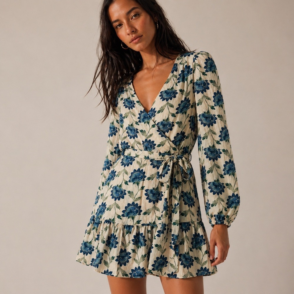 Mimi‎ Chica Boho Cottagecore Floral Mini Dress S Blue Cream Faux Wrap Romantic